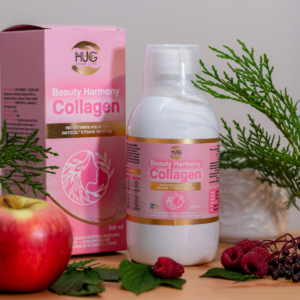 Bočica Hug Your Life brenda proizvoda Beauty Harmony Collagen na stolu